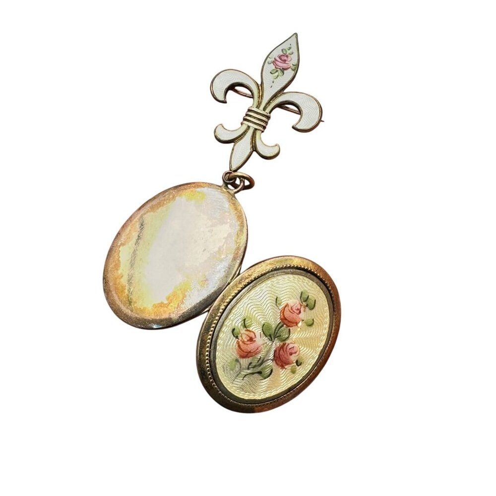 Antique Sterling Silver Yellow Guilloche Fleur De Lis Picture Locket Pin Brooch - Picture 7 of 7